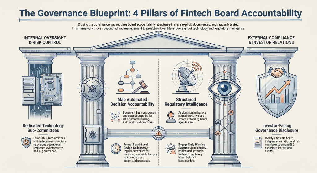 FinTech governance blueprint showing four pillars of board accountability including risk control, decision accountability, regulatory intelligence, and investor disclosure