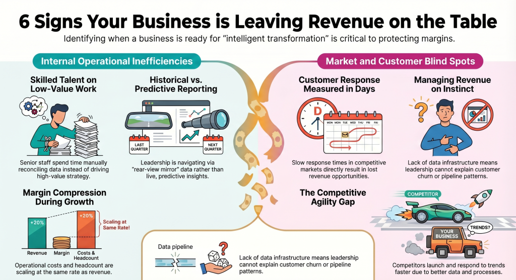 Infographic showing 6 signs your business is leaving revenue on the table including inefficiencies, slow customer response, and lack of data insights