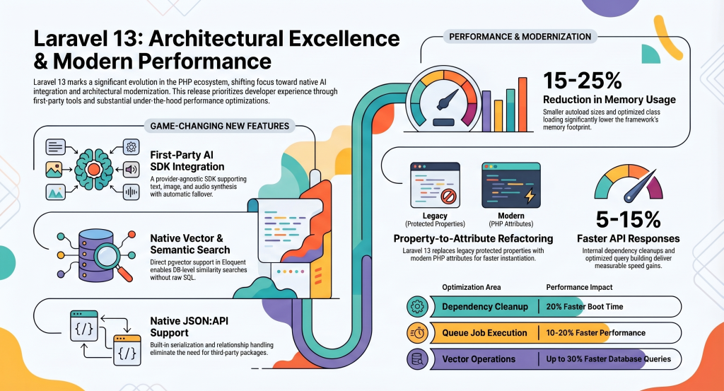 Laravel 13 architectural excellence and performance infographic highlighting AI SDK integration, vector search, JSON API support, memory optimization, faster API responses, and modern PHP attribute-based architecture