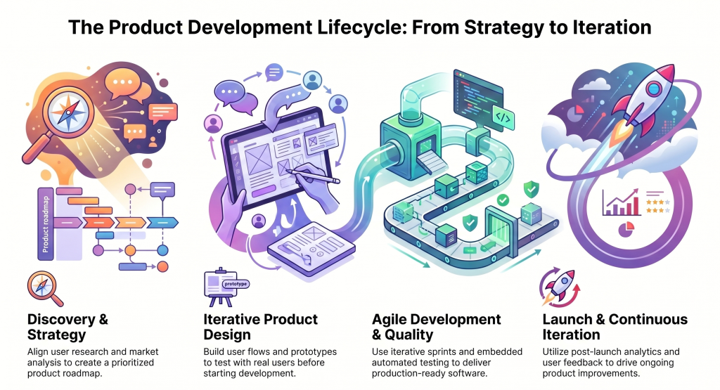 Our Product Development Methodology
1
Discovery & Strategy
We begin with user research, market analysis, and strategic alignment. Understanding who your users are, what problems they face, and how your product creates value shapes every subsequent decision. This phase produces a clear product vision, defined success metrics, and a prioritised roadmap.

2
Product Design
Our design process balances user experience with technical feasibility. We create user flows, wireframes, and high fidelity prototypes testing with real users before committing to development. This iterative design approach reduces risk and ensures we build the right product, not just the planned product.

3
Agile Development
Development proceeds in iterative sprints, delivering working software at regular intervals. Continuous integration and deployment pipelines enable rapid feedback and course correction. Our cross functional teams include product owners, designers, and engineers working collaboratively not in sequential handoffs.

4
Quality Engineering
Quality isn't a phase; it's embedded throughout development. Automated testing, code reviews, performance monitoring, and security assessments ensure that what we deliver is production ready not merely feature-complete.

5
Launch & Iteration
Launching is the beginning, not the end. We establish monitoring, analytics, and feedback mechanisms that enable continuous improvement. Post-launch iteration based on real user behaviour is where good products become great ones.