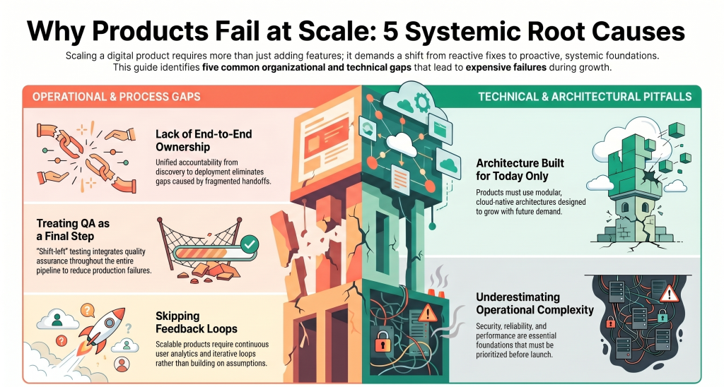 Infographic explaining why products fail at scale with 5 root causes including architecture issues, lack of ownership, QA gaps, and operational complexity