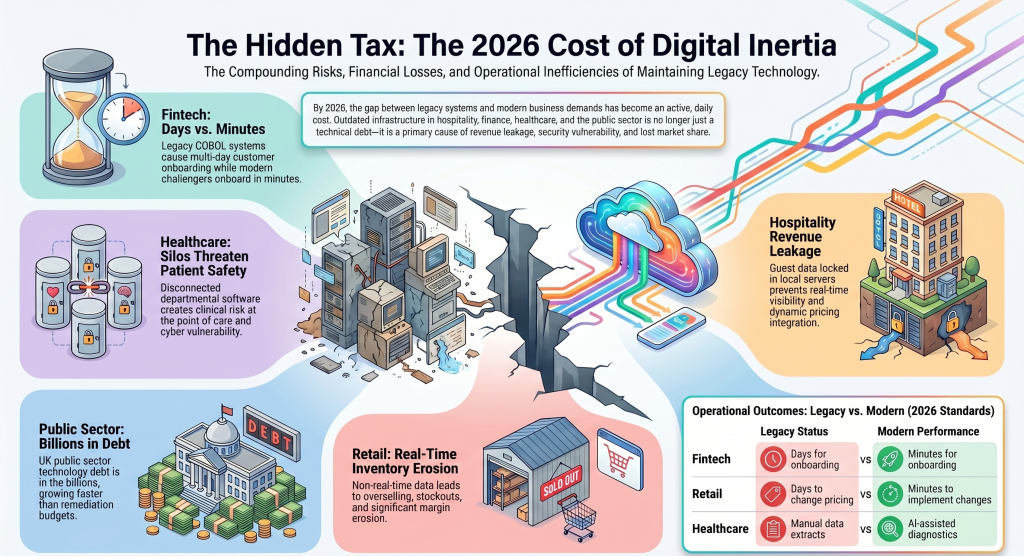 Infographic explaining the 2026 cost of digital inertia, showing how legacy systems in fintech, healthcare, retail, hospitality, and public sector cause revenue loss, inefficiency, and operational risk compared to modern cloud and AI-driven systems