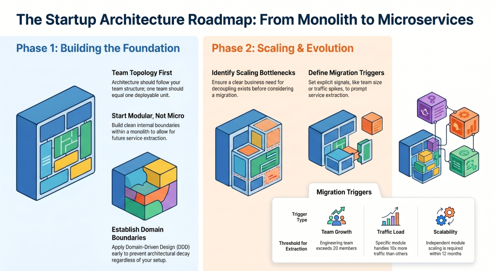 Startup architecture roadmap from monolith to microservices showing modular monolith foundation, scaling strategy, and migration triggers