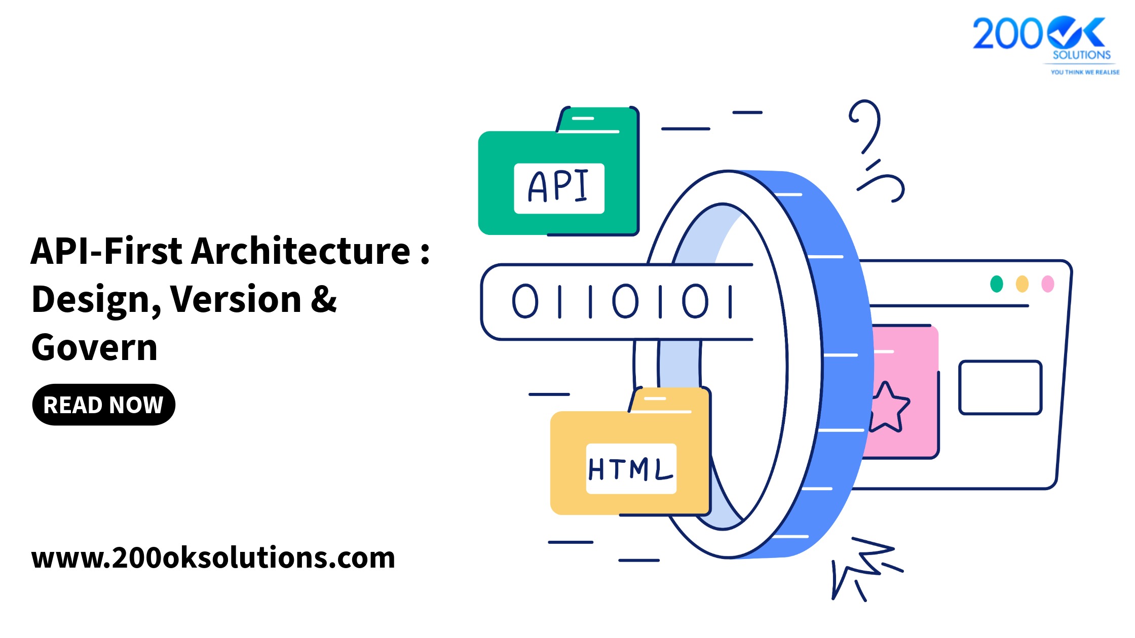 API-First Architecture illustration showing API integration, HTML interface, and digital governance workflow by 200OK Solutions for enterprise API design, versioning, and governance strategies.