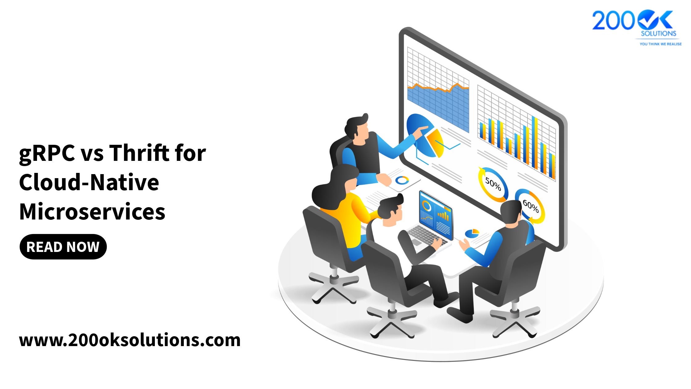 gRPC vs Thrift for cloud-native microservices illustration showing a team analyzing dashboards and data charts on a large screen, with analytics graphs, percentages, and laptops in a modern office setting.