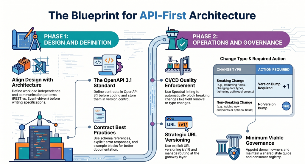Infographic showing the blueprint for API-First Architecture with two phases: Design and Definition, and Operations and Governance. Covers OpenAPI 3.1 standards, contract best practices, CI/CD quality enforcement, API versioning, governance models, and breaking vs non-breaking API changes.