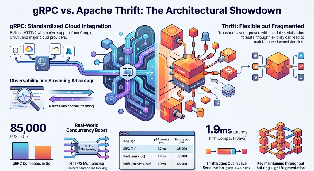 gRPC vs Apache Thrift comparison infographic showing performance, latency, streaming, and architecture by 200OK Solutions