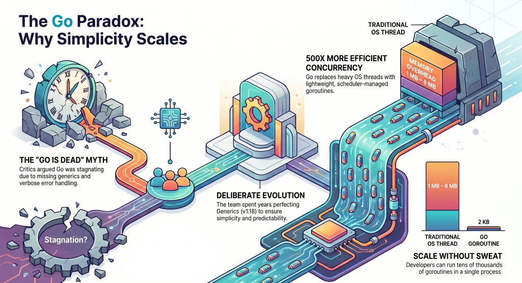 Illustration explaining the Go programming language paradox, highlighting scalability, goroutines, concurrency efficiency, and lightweight architecture for modern backend development