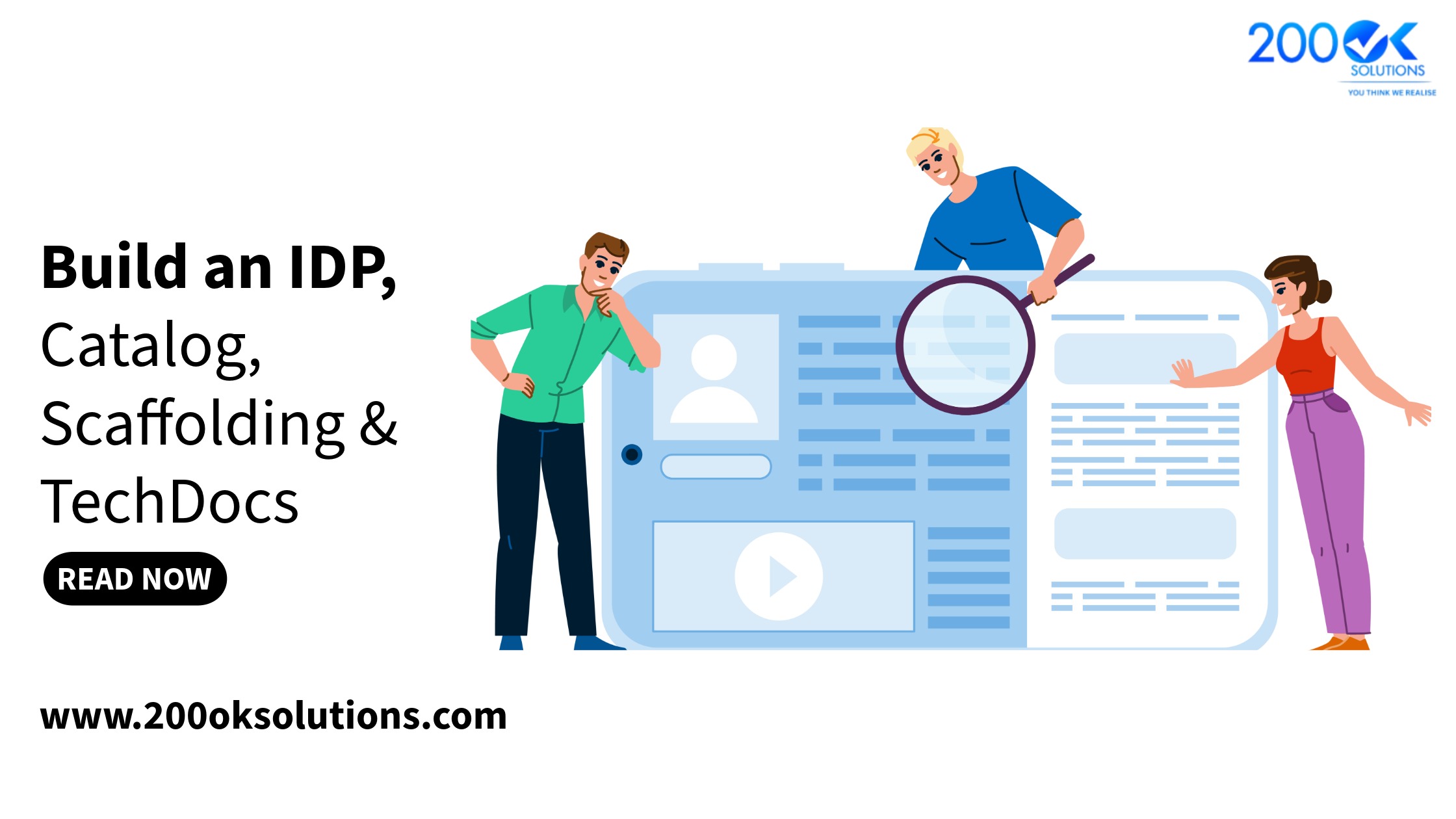 Illustration of an Internal Developer Portal (IDP) with software catalog, scaffolding templates, and TechDocs using Backstage for platform engineering.