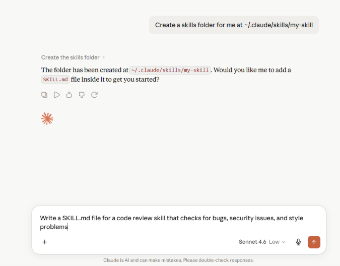 Claude Code generating a SKILL.md file for a custom code review Skill focused on bug detection, security analysis, and coding standards.