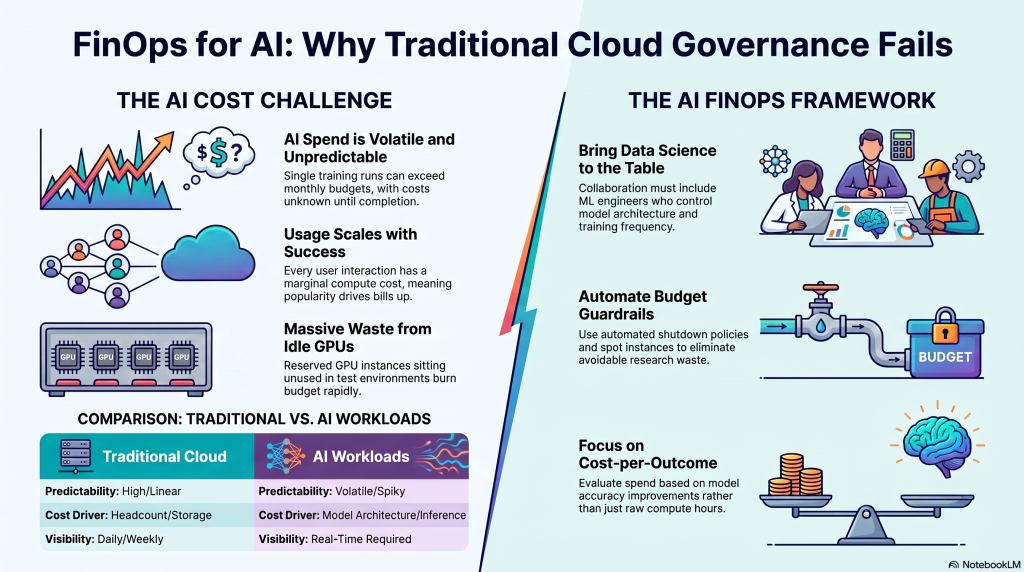200OK Solutions infographic explaining FinOps for AI, highlighting why traditional cloud governance fails, AI cost challenges, cloud cost optimization, AI FinOps framework, GPU cost management, and cloud financial governance.