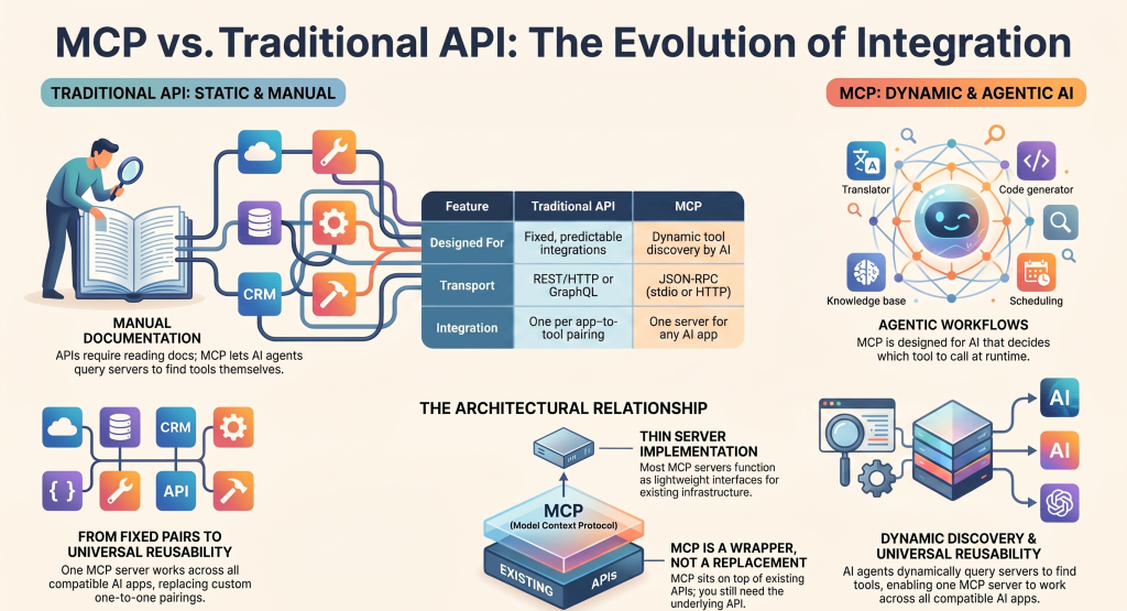 MCP vs Traditional API comparison showing the evolution from static and manual API integrations to dynamic agentic AI workflows, including MCP tool discovery, JSON-RPC communication, reusable MCP servers, existing APIs, dynamic tool selection, and universal AI application integration.