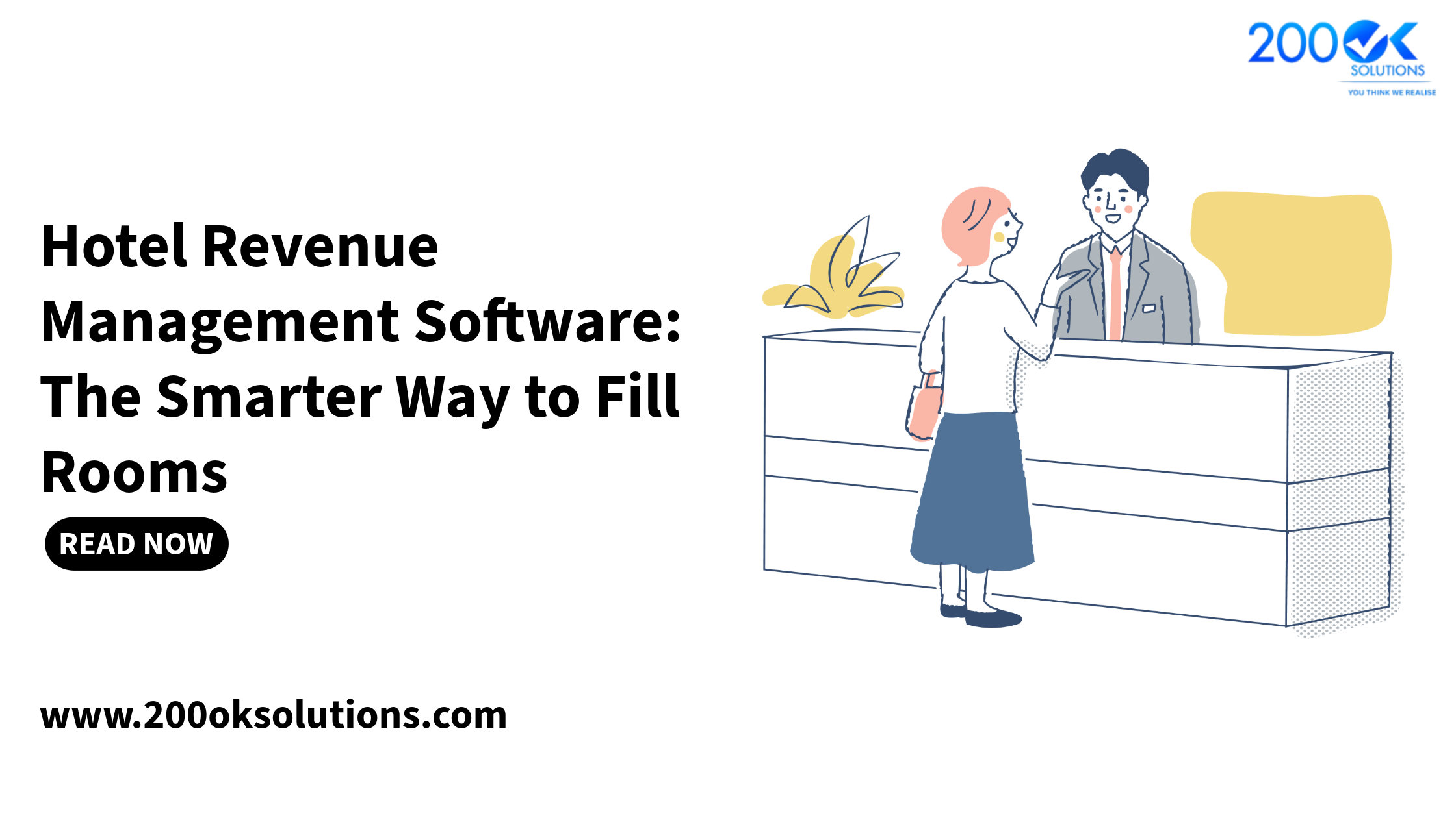 Hotel revenue management software illustration showing hotel staff managing bookings and room operations to optimize occupancy and revenue.
