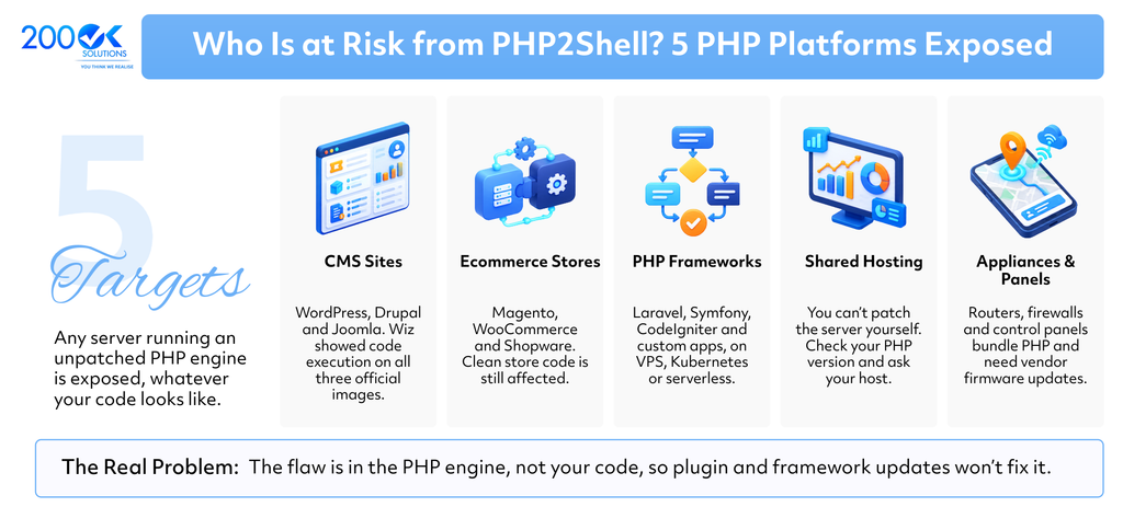 PHP2Shell security vulnerabilities in 2026 affecting WordPress, Drupal, Magento, Laravel, shared hosting, and PHP-based applications, illustrated by 200OK Solutions.